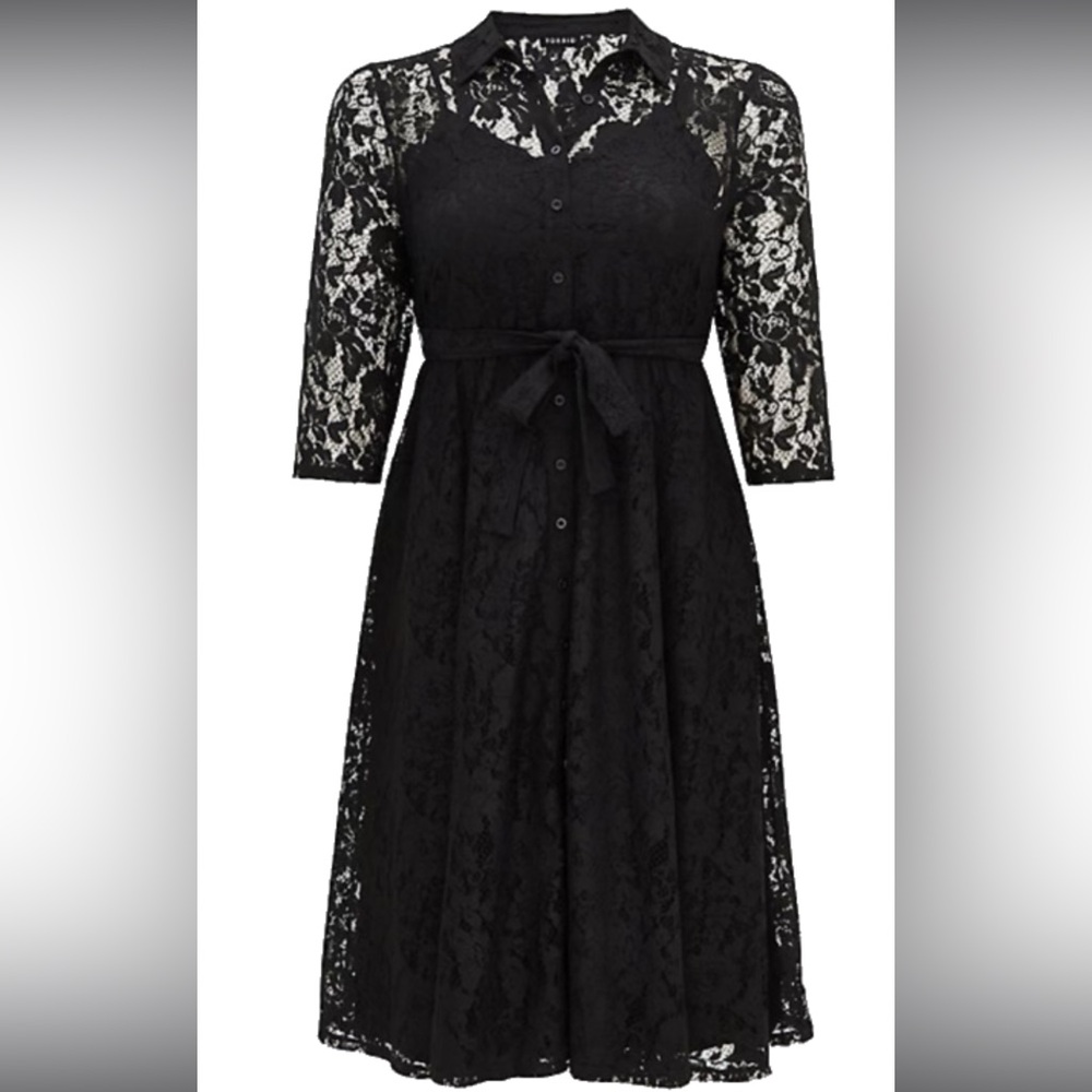 Torrid Plus Size 0 BLACK LACE SELF TIE TEA LENGTH SHIRT DRESS